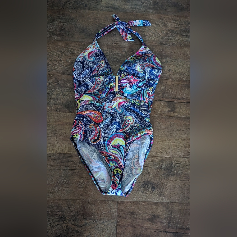 Liz Claiborne One piece multi colored tie at neck Bathing suit size 12
